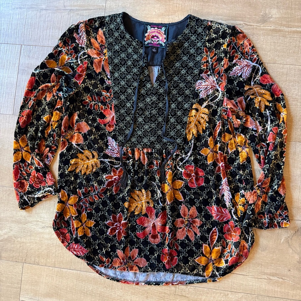 Johnny Was Top Silk Blend Velvet Earth Tone Bohemian Luxe Tassels XS Autumn